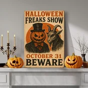 WallXpert slika na platnu 70100HALC-010, retro Halloween poster Freaks Show sa bundevom u odelu i jarcem, 70 x 100 cm