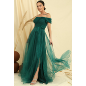 By Saygi Frilly Belted Collar And Sleeves Lined Long Tulle Dress