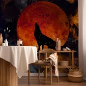 shumee Foto tapeta - Divja narava - volk na ozadju rdeče lune v plamenih ognja