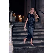 Made Of Emotion Womans Satin dress with a tie at the waist - black