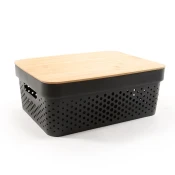 Mhome Plastco pvc košara z lesenim pokrovom 35,5x26,5x13,5cm/črna/pvc, les