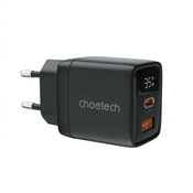 Stenski polnilni adapter Choetech PD6051, z GaN tehnologijo, dvema USB-C izhodoma in prikazom moči polnjenja 35W - črn