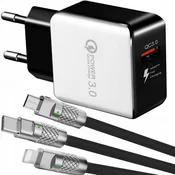 shumee Hitri stenski polnilnik QC 3.0 + oklepni kabel za iPhone micro USB-C 3v1