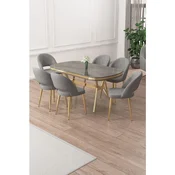 Hanah Home trpezarijski set Jita, sto i 6 stolica, antracit ploca Irony, zlatne noge, siva tkanina Babyface