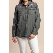 Plus size denim srajca z vezenino, siva