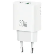 USAMS USAMS CC316 T65 30W stenski polnilnik 1xUSB-C 1xUSB-A hitro polnjenje bela