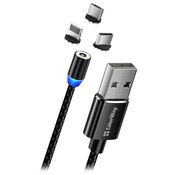 Barvit polnilni kabel 3 v 1 Lightning+MicroUSB+USB-C/ Magnetni/ 2.4A/ Najlon/ 1m