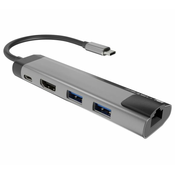 FOWLER GO, USB Type-C 5-in-1 Multi-port Adapter (USB3.0 Hub + HDMI + PD + Gigabit LAN), Max. 100W Output, Black