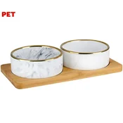 PET Treatment dvojna posoda s stojalom za hišne ljubljenčke, za hrano/vodo, keramika, bambus, 29,5x15x6cm, belo-rjava