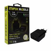Maxmobile kucni punjac set 2u1 QC 3.0 Quick Charge USB+TYPE C, 3A 15W crni