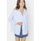 Trendyol Blue Striped Pocket Detailed Oversize/Crosssuit Woven Shirt