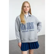 Trendyol Gray Melange Oversize Thick Fleece Slogan Printed Zippered Knitted Sweatshirt