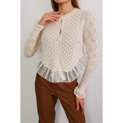 BIKELIFE Womens Ecru Buttoned Tulle Detail Special Design Knitwear Sweater