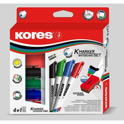 Kores K-MARKER SET 4 kosi markerjev za bele table in flipcharte z okroglo konico + magnetna gobica za brisanje