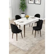 Hanah Home trpezarijski set Rut, sto na razvlacenje i 4 stolice, bela ploca, noge boje oraha, crna tkanina Babyface