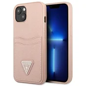 Guess Saffiano Triangle ovitek za iPhone 13 mini z režo za kartico, roza