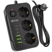 Vayox VA0468B-5 Podaljšek 3 vtičnice 10A 3x USB-A 3x USB-C 2.1A stikalo 5m črne barve