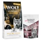 12 kg suhe hrane Wolf of Wilderness + Snack gratis! - JUNIOR Rocky Canyons govedina iz proste reje - brez žit + Leafy Willows - teletina & piščanec