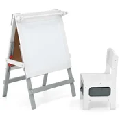 Costway Otroški stojalo z višinsko nastavljivo tablo in stolom s kredo in belo tablo, siva