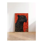 WallXpert uramljena slika 115274, crni leopard na crvenoj pozadini, 50 x 70 cm, ram u boji prirodnog drveta