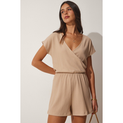 Happiness Istanbul Womens Biscuit Wrapped Collar Short Knitted Overalls with Shorts