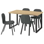 SKALSTA Miza in 4 stoli, imitacija hrasta črnosiva v obliki črke U/Knäbäck temno siva profilirana kovina/črnosiva, 140x80 cm