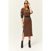 Olalook Womens Brown V Case Side Slit Thick Ribbed Dress