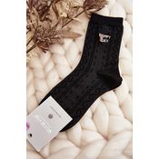 Womens patterned socks with an inscription and a teddy bear, black