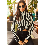 Olalook Womens Black Zebra Standing Collar Padded Asymmetrical Crop Knitwear Blouse