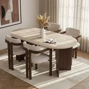 Hanah Home trpezarijski set Meridia, ovalni sto i 4 stolice sa rukonaslonima, travertin, orah Milano i tamni orah, bela šenil tkanina