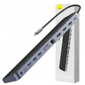 BASEUS EliteJoy Gen2 Univerzalni 12-u-1 USB HUB s 25 cm USB-C kabelom, stalak za prijenosno racunalo, USB-A / USB-C / DP / HDMI / SD / TF / RJ45 / 3,5 mm prikljucak / PD 100W sivi (WKSX030213)