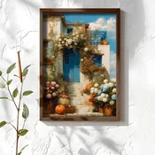 WallXpert uramljena MDF slika NAL102-46, plava vrata i stepenice okruženi cvecem i bundevama, 35,5 x 47 cm