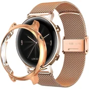 GS Milanska zapestnica + ovitek z zaščitnim ovitko za Huawei Watch GT 2 42 mm, roza zlata
