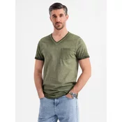 Ombre Mens cotton V-neck knit t-shirt with washed effect - olive