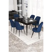 Hanah Home trpezarijski set Via, sto na razvlacenje i 6 stolica, ploca u dekoru crnog mermera, teget tkanina Jerry