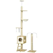 PAWHUT Komplet 2 kosa mačje drevo iz iverne plošče z nastavljivo višino z mačjim praskalnikom, mačjo hišico, mačjo mrežo in žogico za igro, 40x40x225-285 cm
