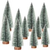 Umetna Božična Drevesca Shengruili, Komplet 10 kos, 3 Velikosti (10cm, 15cm, 20cm), Imitacija Belega Cedra, Prožne Veje, Lesena Podlaga, Bela Barva, Dekoracija za Notranje Prostore, DIY, Božične