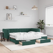 vidaXL Izvlečna dnevna postelja s predali temno zelena 90x200 cm žamet