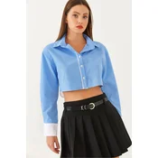 Bianco Lucci Womens Asymmetric Striped Cuff Detail Crop Shirt 4451