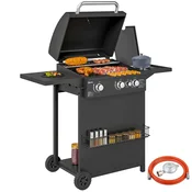 OUTSUNNY Plinski žar iz jekla, plinski BBQ z neodvisnimi gorilniki 3+1 s pokrovom, termometrom, kolesi, 2 rešetkama, stransko mizo, držalom za začimbe in posodo za maščobo, regulatorjem, črn