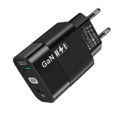Stenski polnilni adapter Techsuit CHPD131 GaN, z USB-A in USB-C izhodoma 65W - črn