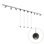 Sodobni sistem tirnih svetil črne barve s 6 reflektorji in 4 visečimi svetilkami Easylift 1-fazni - Slimline Uzzy Tira