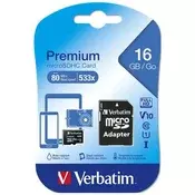 Verbatim 44082 MEMORY CARD, MICROSDHC, 16GB, CL10/U1, 45/10 MB/S, ADAPTER