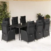9-dijelni vrtni blagovaonski set s jastucima crni od poliratana Crna 200 x 100 x 74 cm