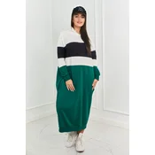 Three-color hooded dress ecru + black + dark green