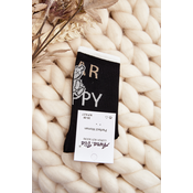 Womens cotton socks with inscription and teddy bear, black