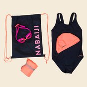Komplet za plavanje 100 za deklice (kopalke, očala, kapa, brisača, vrečka)