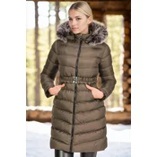 Z6690 DEWBERRY FUR HOODED LADIES COAT-PLAIN KHAKI
