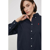 Pamučna košulja Polo Ralph Lauren za žene, boja: tamno plava, relaxed, s klasičnim ovratnikom