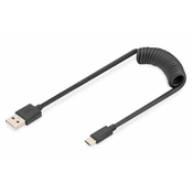 Digitus spiralni kabel usb a/usb c, usb 2.0, pd 60w, max. 1m, črn